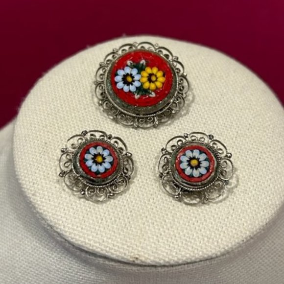 VTG Micro Mosaic Italy RED Glass Bead Flower EARRINGS BROOCH SET - Picture 5 of 8